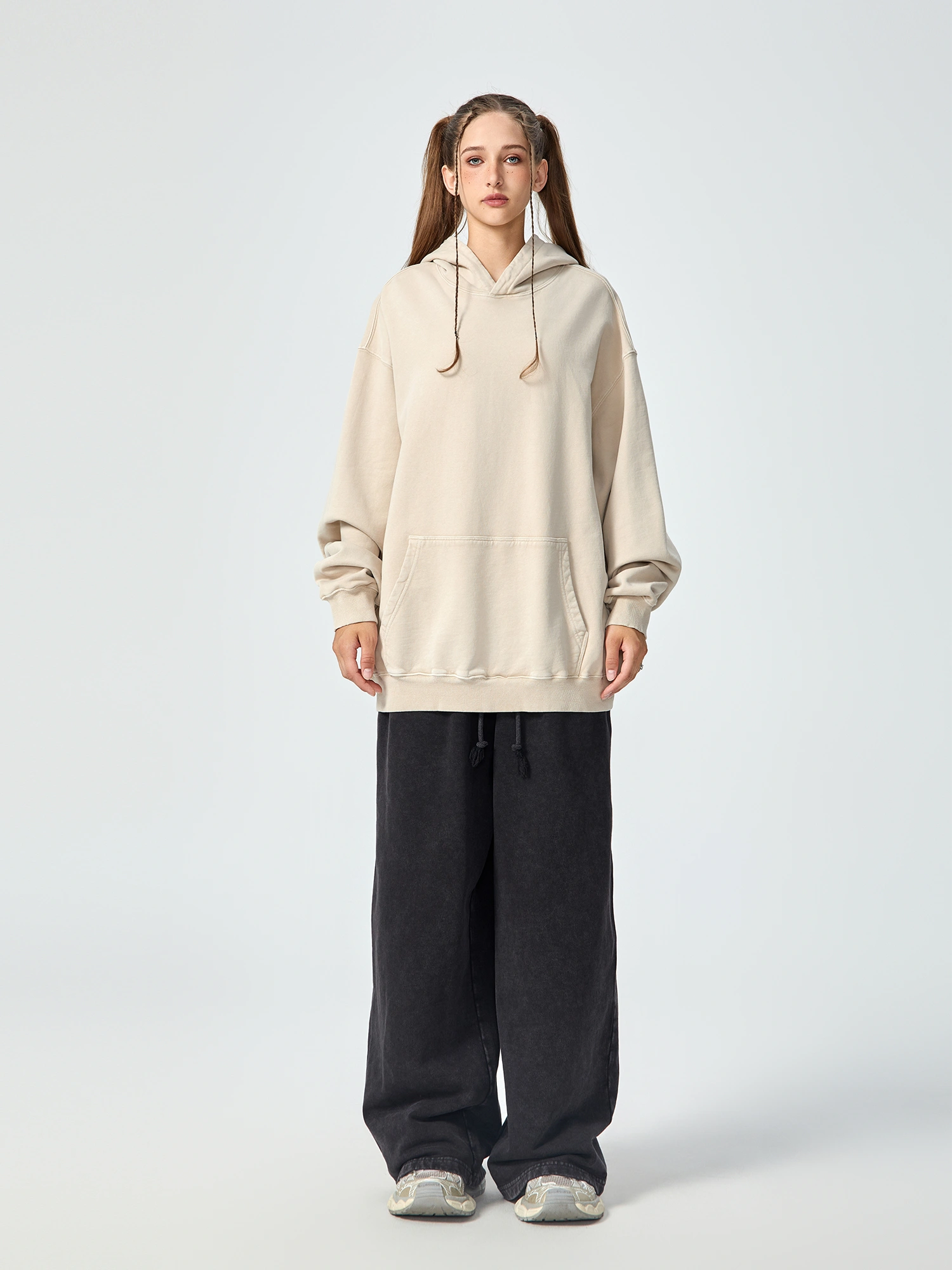 Vintage Washed Oversized Beige Hoodie