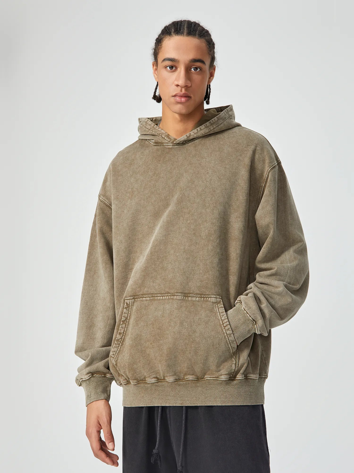 Vintage Washed Oversized Khaki Hoodie