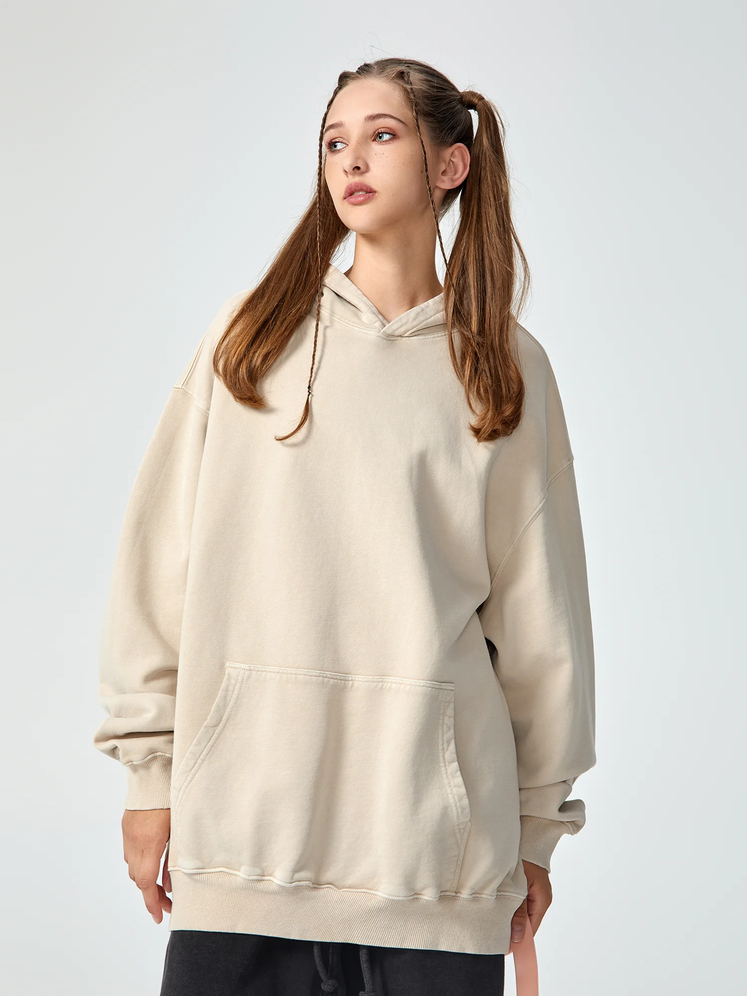 Vintage Washed Oversized Beige Hoodie