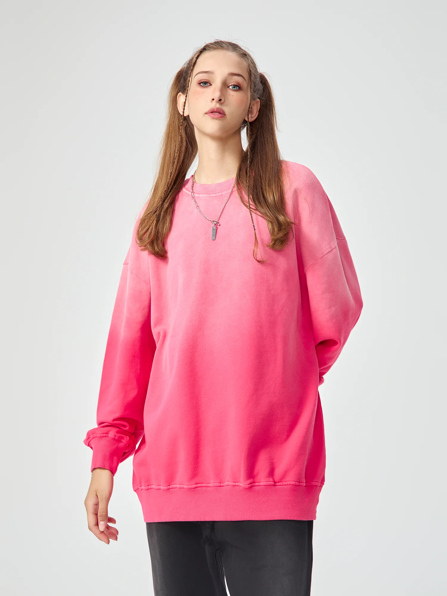 Snow Wash Oversized Pink Crewneck Sweatshirt